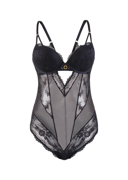 WENDIE Sexy Push-Up Black Mesh Recycled Lace Bodysuit-imgsize-38D
